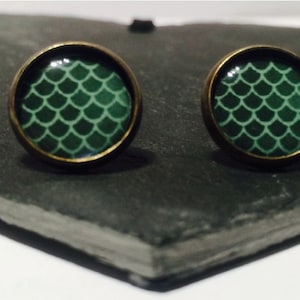 Op de afbeelding: Een paar groene en witte schubbenpatroon oorbellen met bronzen instellingen.