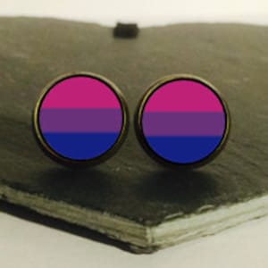 May include: A pair of round earrings with a bisexual pride flag design. The earrings are silver with a pink, purple, and blue design.
