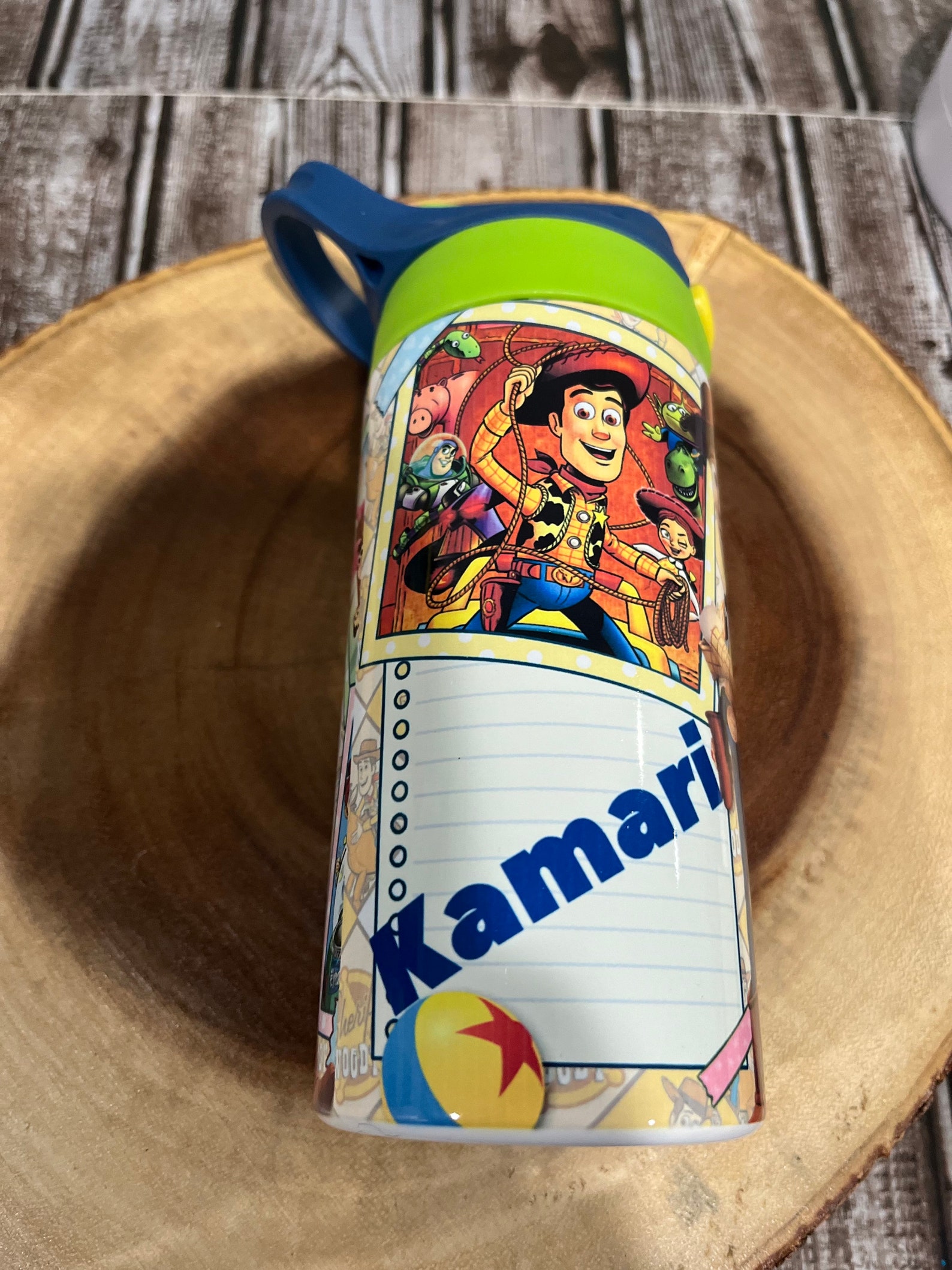 Personalized Wood Toy Story Water Bottle, Kids 12 Oz Tumbler, Wood