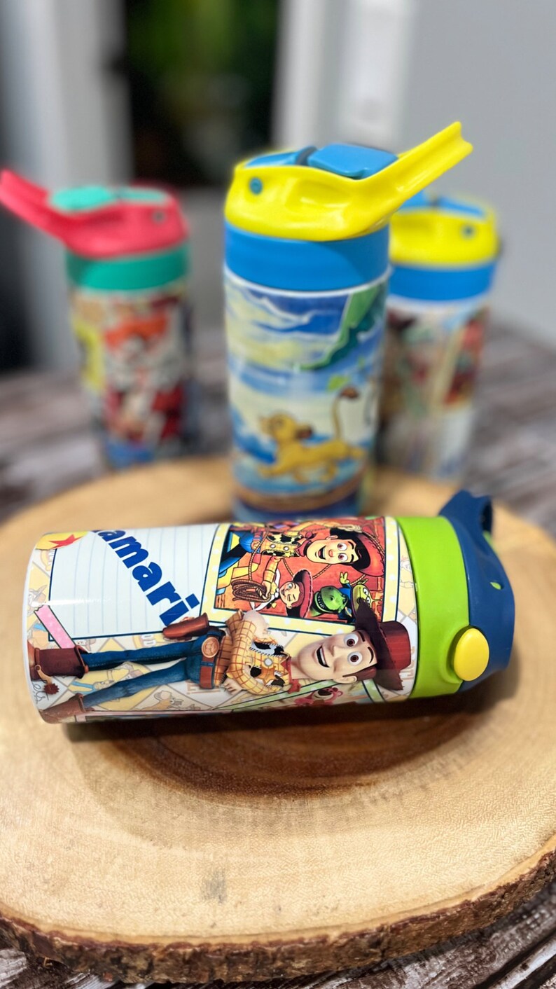 Personalized Wood Toy Story Water Bottle, Kids 12 Oz Tumbler, Wood