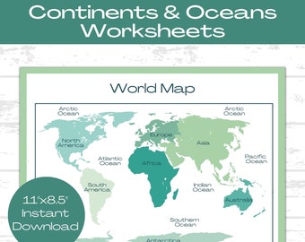 Werkbladen wereldkaart: geografie continenten en oceanen (digitale download)