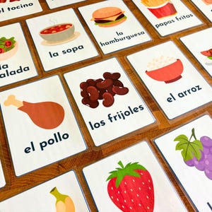 32 SPANISH FOODS FLASHCARDS, Spanish and English Food and Drink Cards, Spanish Flash Cards, Learning Spanish for Kids, Spanish Months