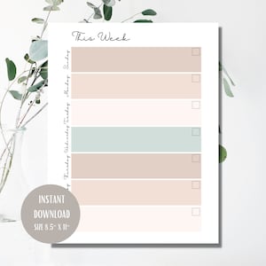 Op de afbeelding: Printbare weekplanner met een minimalistisch ontwerp. De planner heeft een lichtroze en lichtblauwe kleurstelling met een witte achtergrond. De planner is 8,5 inch bij 11 inch.