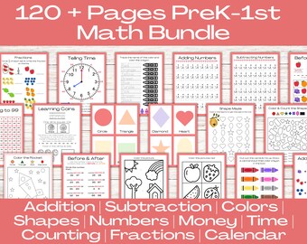 PreK Kindergarten Math Worksheets: Counting, Colors, Shapes (PDF)