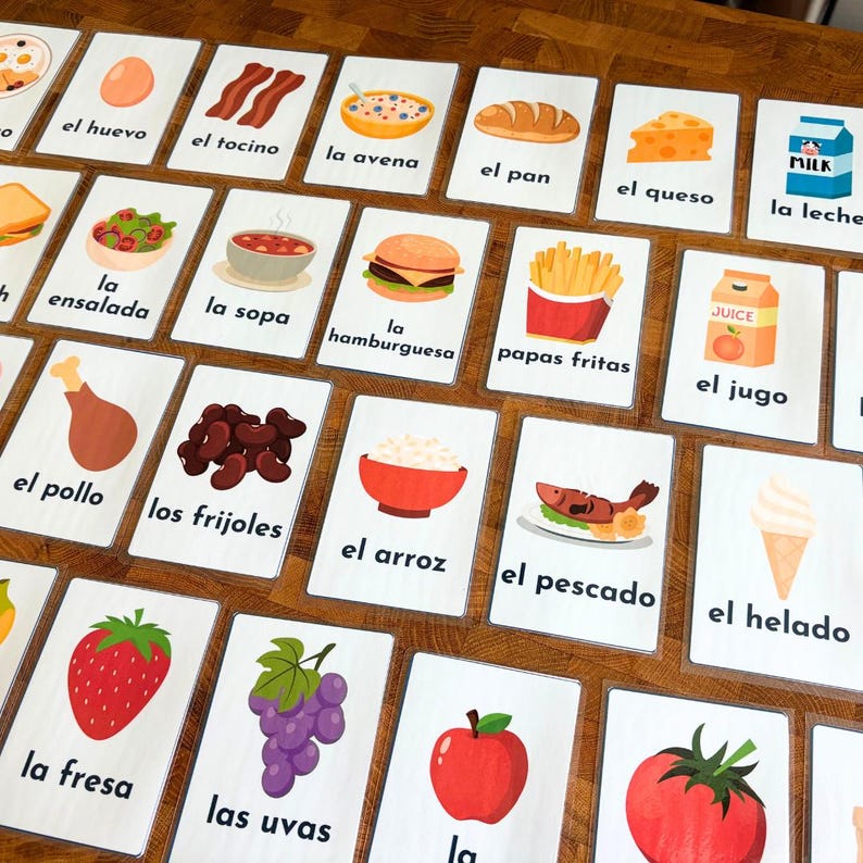 Spanish Food Flashcards: Bilingual Learning Cards for Kids (PDF ...