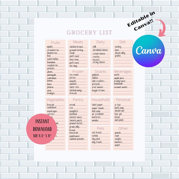 GROCERY LIST TEMPLATE Printable Grocery List Shopping List - Etsy
