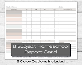 Plantilla de boleta de calificaciones de educación en casa de 8 asignaturas (PDF imprimible)