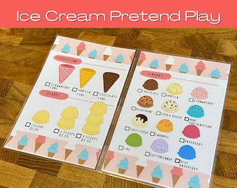 アイスクリームの印刷可能なごっこ遊び、アイスクリームショップの劇遊び、小学校向け印刷物、ホームスクール向け印刷物、ごっこ遊び