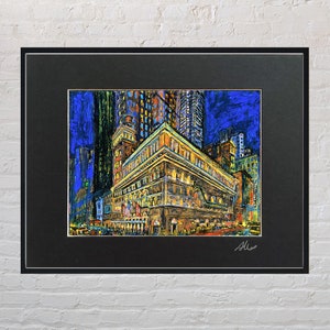 May include: A colorful painting of a building in a city at night. The building is lit up with yellow lights and has a blue sky behind it. The painting is done in a style that resembles a sketch.