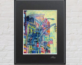 May include: A colourful painting of a city street scene with buildings, a streetlight, and a sign that reads "1.99 Zabar's".