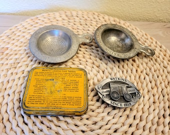 Vtg J.R. Watkins Lot of items Belt Buckle Tea Strainers Tablets Tin