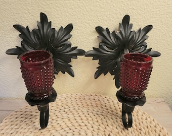 Vtg Black Metal Votive Wall Sconce with Red Glass Votive Holders
