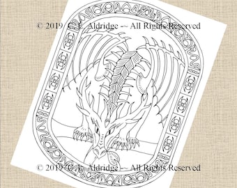 May include: Black and white line art illustration of a dragon with its wings spread out. The dragon is curled up in a defensive position with its head facing forward. The dragon is surrounded by a decorative border.