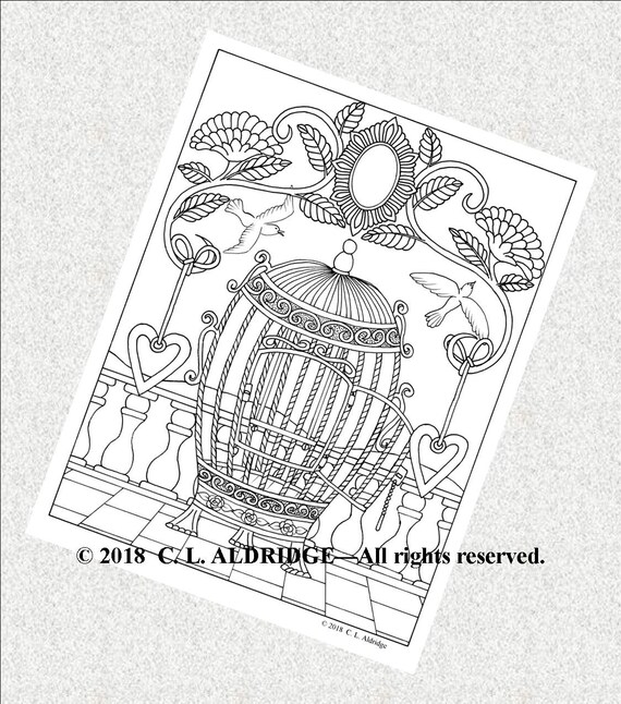Fabulous Flowers 22 Flying Free Coloring Page Original Art Adult Coloring Gilded Cage Birds Gems Printable Instant Download Pdf