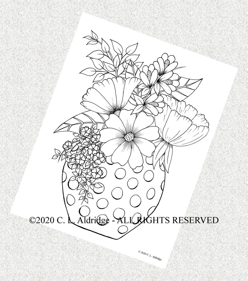 May include: A black and white line drawing of a bouquet of flowers in a polka dot heart-shaped vase. The flowers include poppies, cosmos, and other small flowers. The text "&copy;2020 C. L. Aldridge - ALL RIGHTS RESERVED" is at the bottom of the image.