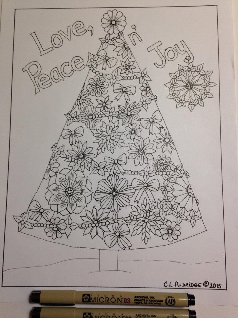 Download Love Peace n' Joy Christmas Tree Coloring Page | Etsy