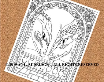 May include: Black and white line art print featuring two dragons facing each other within an arched frame. The print includes intricate Celtic knotwork and a decorative border. Text at the bottom reads "© 2019 C.L. ALDRIDGE - ALL RIGHTS RESERVED."
