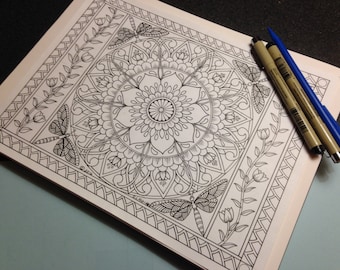 Dragonflies Garden Mandala - Coloring Page