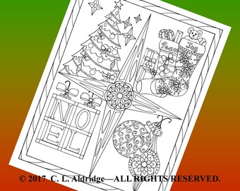 Decorations of the Season, Christmas Coloring Page - Christmas Tree, Stockings, Christmas Decorations, Ornaments - Instant Download