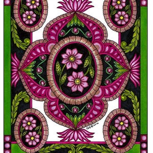 May include: A colorful, intricate design featuring pink flowers and green leaves within a black and white frame. The design is surrounded by a green border with pink and white polka dots. The text "CLA 2016" is visible in the center of the design. The text "Artist - Christine Aldridge Colorist - Sue Curry 09-23-16 'Flowers and Flyers'" is visible at the bottom of the image.