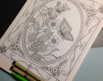 Butterfly in the Blackberries - Coloring Page