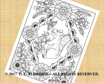 The Squirrel and the Butterfly, Fantasy Flower Garden #14, Flowers, Squirrel, Butterfly, Berries - Coloring Page - PDF Instant Download