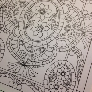 May include: A black and white line drawing of a floral pattern with intricate details. The design features paisley shapes, flowers, and leaves. The drawing is signed "Celia @ 2016".
