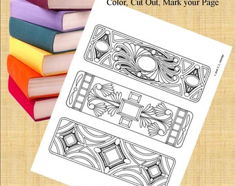 Colorable BOOKMARKS Set of 3 - GEMS, Coloring Page, Original Unique Art, Adult Coloring, Flowers, Printable - Instant Download PDF