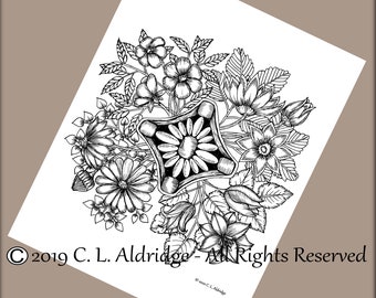 Inked Floral Garden - Original Art Coloring Page, Hand drawn Original Unique Art, Adult Coloring, Printable - Instant Download PDF
