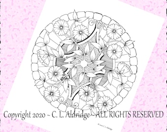 Äppelblommandala - Originalkonstmålarbild, handritad originell unik konst, vuxenmålarbild, utskrivbar - direktnedladdning i PDF-format