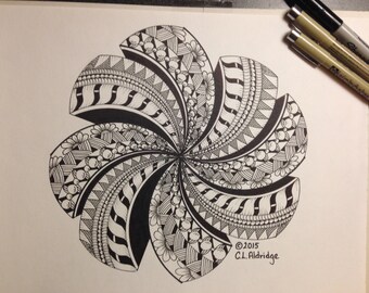 Tangle Pattern, Fan and Gemstones Mandala - Swirls and Flowers, Hand Drawn, Ornamental Art - Coloring Page - PDF Instant Download