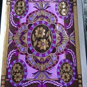 May include: A digital art print featuring a geometric pattern with gold, purple, and brown colors. The design includes stylized flowers and leaves. The text "FLOWERS + FLIERS by CLAIRE DODGE" is at the bottom of the print.