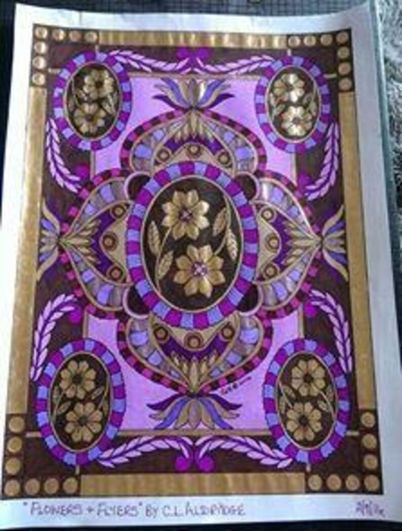 May include: A digital art print featuring a geometric pattern with gold, purple, and brown colors. The design includes stylized flowers and leaves. The text "FLOWERS + FLIERS by CLAIRE DODGE" is at the bottom of the print.