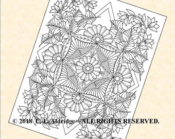 Fabulous Flowers 3 - Flowers on the Square, Wildflower Coloring Page, Original Unique Art, Adult Coloring, Printable - Instant Download PDF