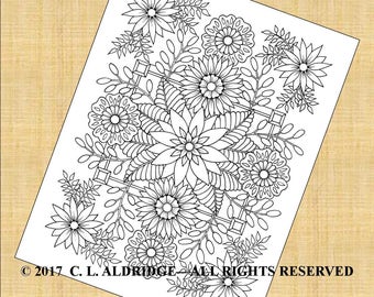 Fantasy Flower Garden #6, Flowers, Daiisies, Vines, Hand Drawn, Ornamental Drawing, Original Art Adult Coloring Page - Instant Download PNG