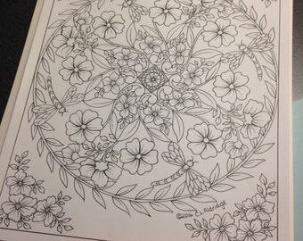 Dragonfly Flower Garden #013, Coloring Page, Dragonflies, Flowers, Vines, Whimscial Garden - Full Page Edition - PDF Instant Download