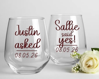 Personalized Wine Glass Set, Engagement Wine Glasses, I Asked & Said Yes Stemless Glasses, Custom Engagement Gift for Couple