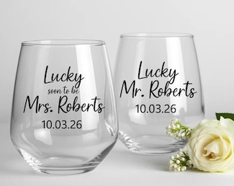 Personalized Lucky Mr Mrs Wine Glass Set, Engagement Wine Glasses, Custom Last Name Stemless Glasses, Gift for Engaged Couple