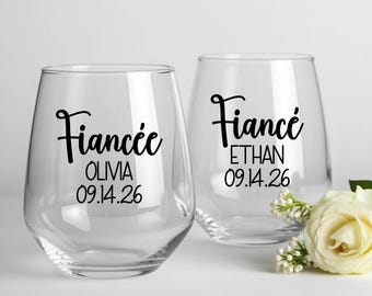 Personalized Fiance Fiancee Wine Glass Set, Engagement Wine Glasses, Custom Stemless Glasses, Gift for Engaged Couple