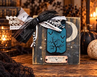 Haunted Hollow Halloween Shelf Sitter, Handmade Wood Decor, Bat Moon Gothic Halloween Sign, Spooky Shelf Decor