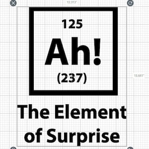 Pode incluir: Gráfico preto e branco de um elemento da tabela periódica com o símbolo "Ah!" e o número "125 (237)". O texto "The Element of Surprise" está abaixo do gráfico do elemento.
