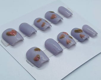Lavender Press On Nails with Iridescent Hearts | Short Square Handmade Reusable Nails