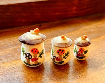 Miniature Merry Mushroom Canisters for dollhouse, trinket 1:12 scale Set of 3, Vintage kitchen- Updated for 2026