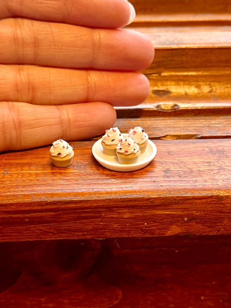 Miniature Cupcakes & Plate for dollhouse, trinket, 1/12 scale, 4 chocolate or vanilla cupcakes with sprinkles image 10