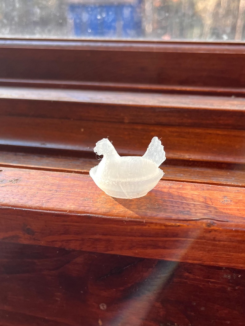 Miniature Hen on Nest replica, 1/12 or 1/6 Scale Dollhouse Accessory, 3D Printed in PLA, opens! Translucent clear
