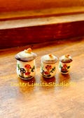 Miniature Merry Mushroom Canisters for dollhouse, 1:12 scale Set of 3, Vintage MCM kitchen, hand painted Tiny!