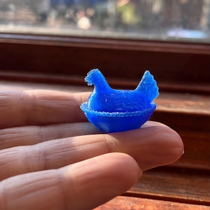 Miniature Hen on Nest replica, 1/12 or 1/6 Scale Dollhouse Accessory, 3D Printed in PLA, opens! Translucent Blue