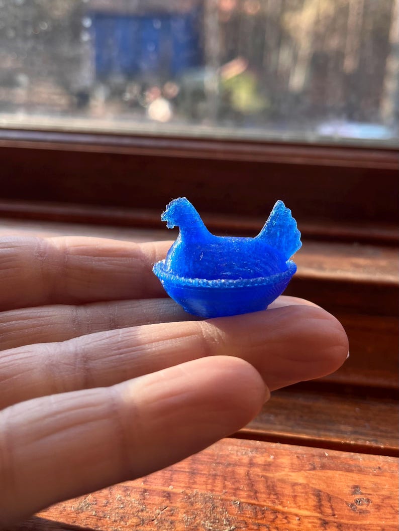 Miniature Hen on Nest replica, 1/12 or 1/6 Scale Dollhouse Accessory, 3D Printed in PLA, opens! Translucent Blue