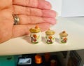 Miniature Merry Mushroom Canisters for dollhouse, 1/12 scale Set of 3, Vintage MCM kitchen, hand painted Tiny!
