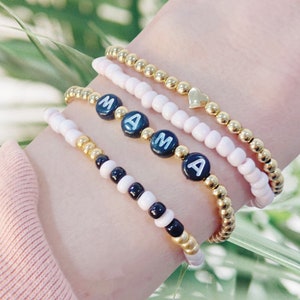 Gold Name Stacking Bracelets/ Mom Beaded Bracelets/ Word Bracelets/ Beaded Bracelets/ Initial Bracelets